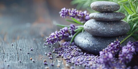 Obraz na płótnie Canvas Lavender Buds and Zen Stones on Wooden Surface for Relaxing Massage and Spa Therapy