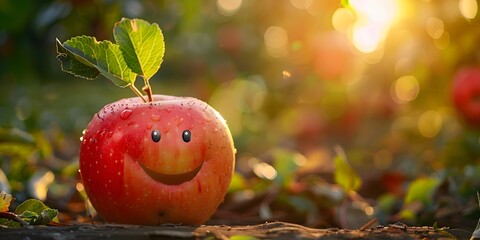 A Cheerful Red Apple Grinning with Joy Embracing the Warm Sunshine in a Lush Natural Setting