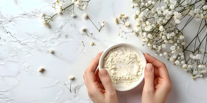 Delicate hands carefully mixing a custom facial blend in a bowl against a pristine marble background