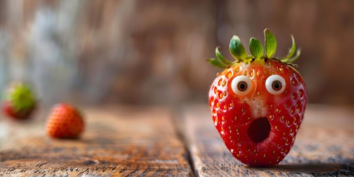 A Surprised Strawberry with Wide Eyes Discovering a New Taste on a Wooden Table with Copy Space