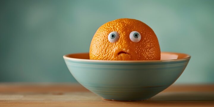 depicts a confused and puzzled orange character adrift in a colorful fruit bowl The anthropomorphic citrus