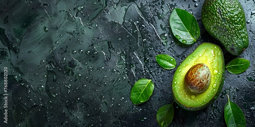 Sticker A close-up image of a fresh green avocado half with its seed and leaves unaffected by the popularity of guacamole The avocado is surrounded by water