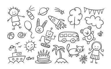 Children sketch drawing. Kid doodle elements. Boy, girl and robot. Big bus and sea ship. Toy bear and rabbit. Cute cat and fish. Vector illustration on white background. - 768802109