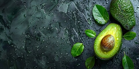 A close-up image of a fresh green avocado half with its seed and leaves unaffected by the popularity of guacamole The avocado is surrounded by water - obrazy, fototapety, plakaty