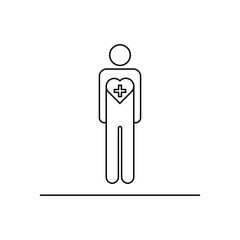 Standing human figure with cross included within a heart shape icon. Public information symbol modern, simple, vector, icon for website design. Vector Illustration