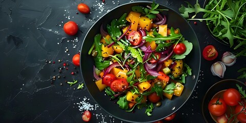 Fresh and Flavorful Vegetable Salad A Vibrant Culinary Creation Bursting with Seasonal Produce and Artfully Arranged on a Rustic Kitchen Backdrop