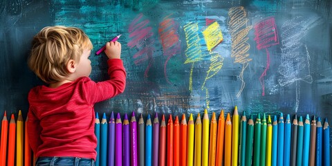 An enthusiastic young child stands in front of a chalkboard engaged in the creative process of drawing and coloring