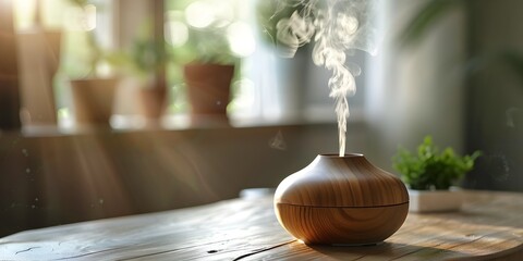 Aromatic Essential Oil Diffuser Releasing Calming Scents on Rustic Wooden Table with Blurred Greenery Background - obrazy, fototapety, plakaty