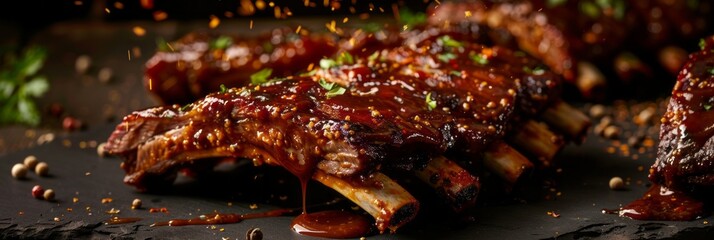 Beef short ribs, delicious juicy beef ribs with spices and sauce close-up on a board on a dark background, banner - obrazy, fototapety, plakaty