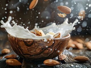 Rustic Still Life with Almonds,Milk,and Butter in Wooden Bowl with Textured Brushstrokes Reminiscent of 19th Century European Countryside Kitchen Art - obrazy, fototapety, plakaty