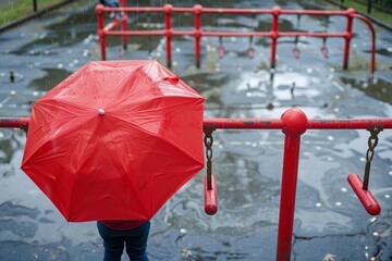 red umbrella held by a child overlooking wet monkey bars