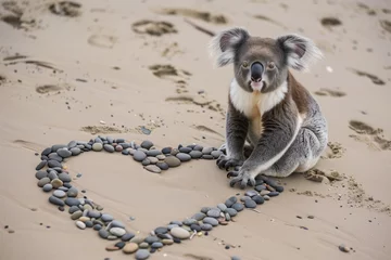 Zelfklevend Fotobehang koala on a sandy beach, making a heart shape with pebbles © studioworkstock