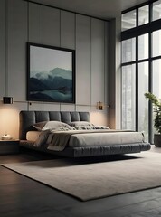 A futuristic minimalist bedroom with a mockup frame floating above a platform bed