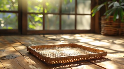 Minimalist Japanese log home scene in bright sunlight, close-up of empty rattan tray on log furniture - obrazy, fototapety, plakaty