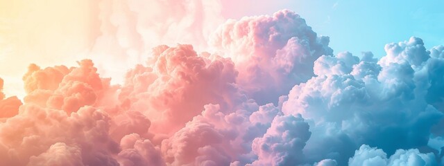 Envision a background split horizontally, with the upper half resembling soft, fluffy clouds in pastel hues of pink, lavender, and baby blue. - obrazy, fototapety, plakaty