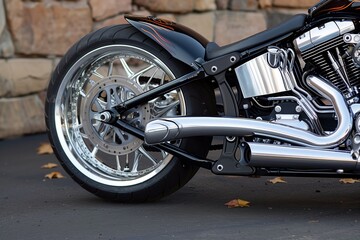custom motorcycle with an oversized rear wheel and swingarm