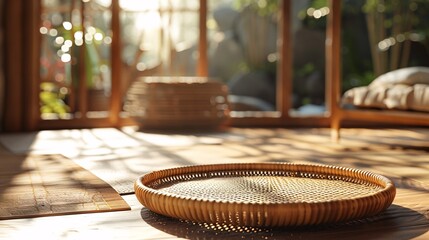 Minimalist Japanese log home scene in bright sunlight, close-up of empty rattan tray on log...