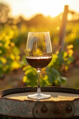 Verre de vin rouge posé sur un tonneaux, dans les vignes, vignoble en arrière plan, ia générative