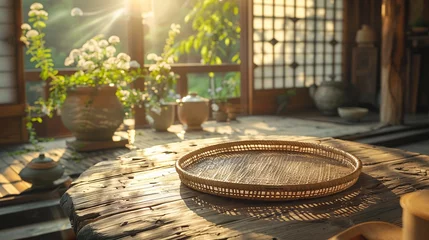 Foto op Plexiglas Minimalist Japanese log home scene in bright sunlight, close-up of empty rattan tray on log furniture © growth.ai