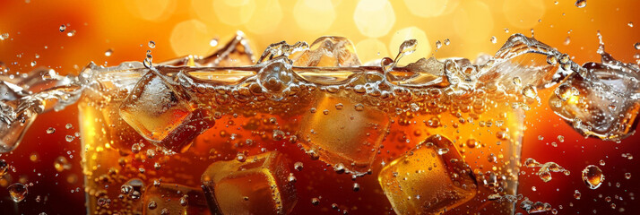 close up of a glass of champagne, fresh soda drink or cola with ice cubes, fresh tea with ice cube - obrazy, fototapety, plakaty