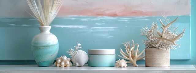 Evoke the serenity of a coastal horizon with a split background that transitions from pale pastel blue reminiscent of the ocean to sandy beige or shell pink representing the shoreline.