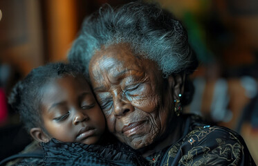 A Mother's Day scene An elderly black grandmother  holds here granddaughter on Mother's DaySpace for ad copy can be flipped horizontally.  - obrazy, fototapety, plakaty