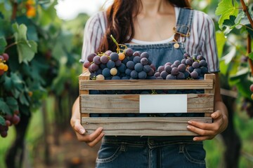 In a sun-dappled vineyard, a woman tenderly holds a crate filled with clusters of ripe grapes, ready for winemaking. - obrazy, fototapety, plakaty