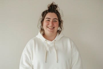 Joyful young woman with freckles smiling in a white hoodie. - obrazy, fototapety, plakaty