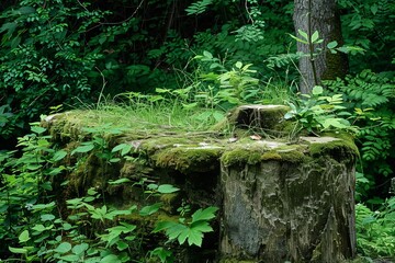 Ethereal Forest Sanctuary Mossy Stone Wall and Stump Amidst Lush Vegetation, Serene Nature Background