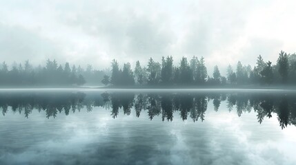 Fototapeta premium Foggy Lake Morning: A peaceful lake shrouded in morning fog, with the silhouette of trees reflected perfectly on the water's surface