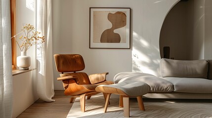 Modern Living Room Interior with Iconic Lounge Chair and Ottoman