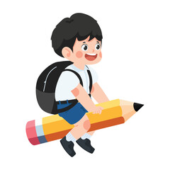 cute little boy student flying on Pencil - 768804351
