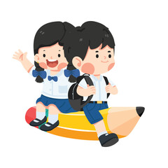 Happy Kids student riding flying pencil go to school - 768804355