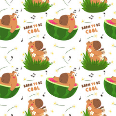 Seamless pattern with cute capybaras. Vector illustration in cartoon flat style.