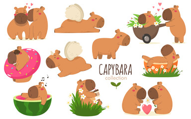 Collection of happy Capybaras, capybara characters in cartoon flat style. Vector illustration.