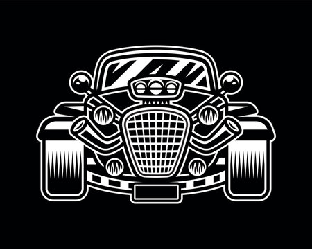 Hot rod car front view vector illustration black and white style on dark background