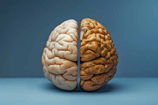 Walnut looks like human brain. Creative concept of a healthy brain on a blue background. Close-up.