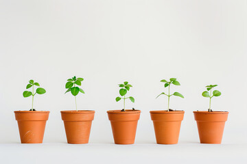 Progressive stages of plant growth in a line of terracotta pots