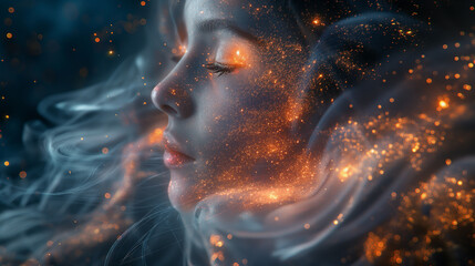 Beautiful face of young girl with closed eyes on abstract background. Selective focus. Copy space. Virtual reality 