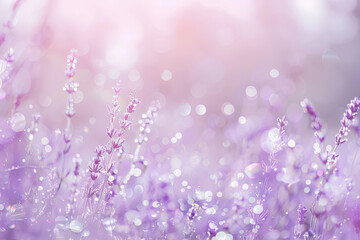 Delicate lavender flowers adorned with glittering water droplets