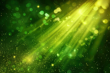 Fototapeta na wymiar green background with rays of light and golden sparkles