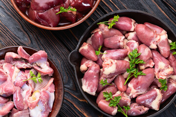 Raw chicken giblets raw poultry meat set : liver, stomach and heart