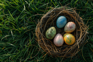 Obraz premium Colorful Easter eggs in a bird nest on green grass