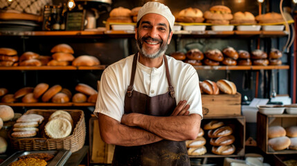 Joyful baker showcasing freshly baked pastries in vibrant bakery