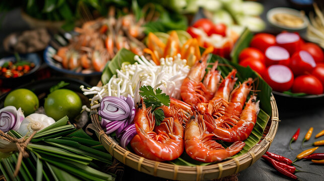 Fresh Seafood Display with Shrimp and Traditional Asian Ingredients