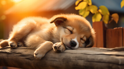 Gorgeous puppy sleeping in the sunlight - obrazy, fototapety, plakaty