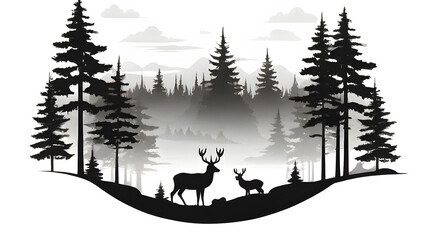 Horizontal banner. Silhouette of deer, doe, fawn standing on meadow in forrest. Silhouette of animal, trees, grass. Magical misty landscape, fog. generative ai