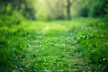 Beautiful spring landscape with path in green field, blurred background