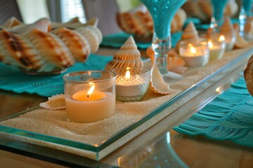 glass table with sand layer, candles in shell holders, and turquoise placemats