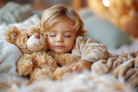 A charming little boy with light hair sleeps serenely, gently hugging a soft teddy bear, the concept of sleep and rest, healthy lifestyle and development